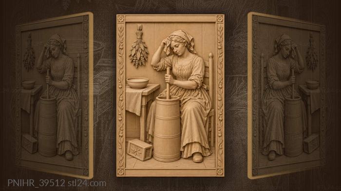 Seated woman wipes sweat while churning butter 3d STL model