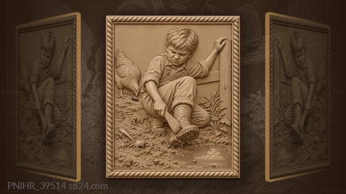 Youngster cleans boots beside pecking hen 3d STL model