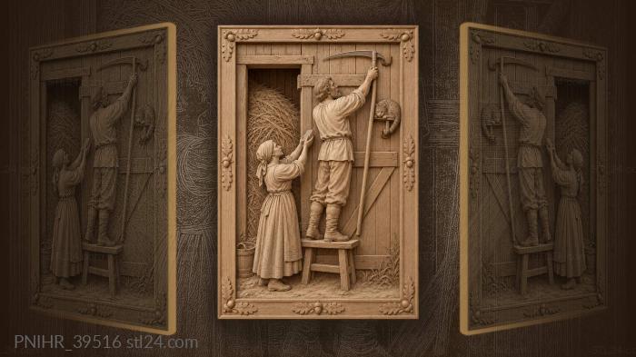 Wife passes a whetstone beneath the scythe 3d STL model