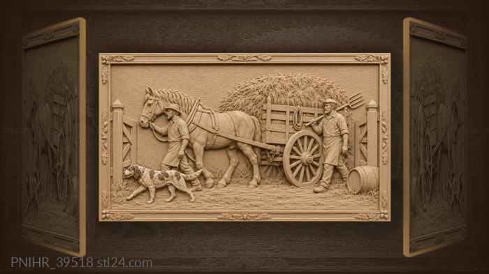 Two men leading a loaded hay wagon 3d STL model