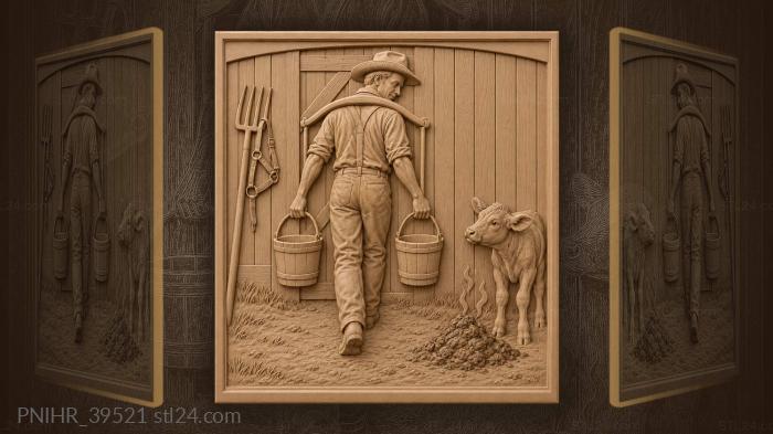 Cowboy with calf near barn 3d STL model