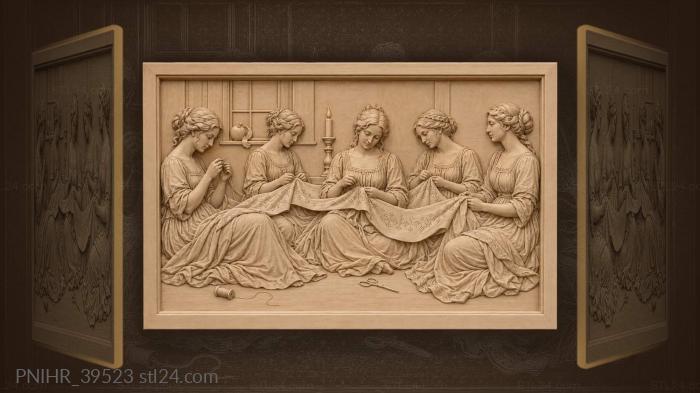 Women sewing by candlelight linen 3d STL model