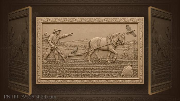 Farmer plowing field with horses crows 3d STL model