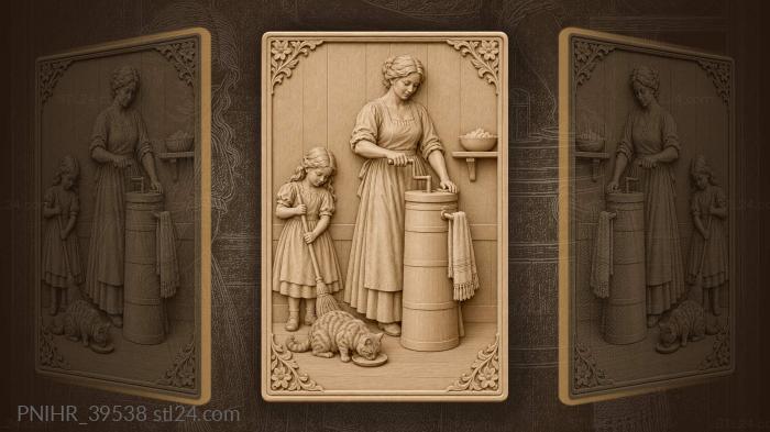 Woman turns the churn as her child sweeps 3d STL model