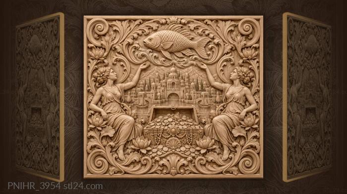 Fish above the city and treasure chest 3d STL model