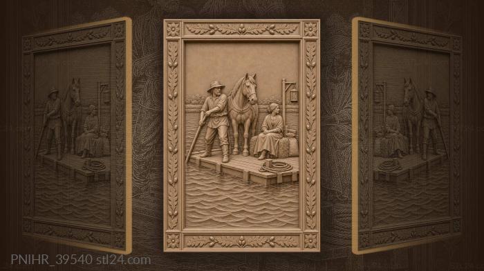 Boatman poles a raft carrying a horse 3d STL model