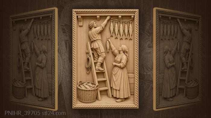Woman supplies another fish for drying 3d STL model
