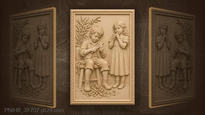 Boy whittling a willow flute girl 3d STL model