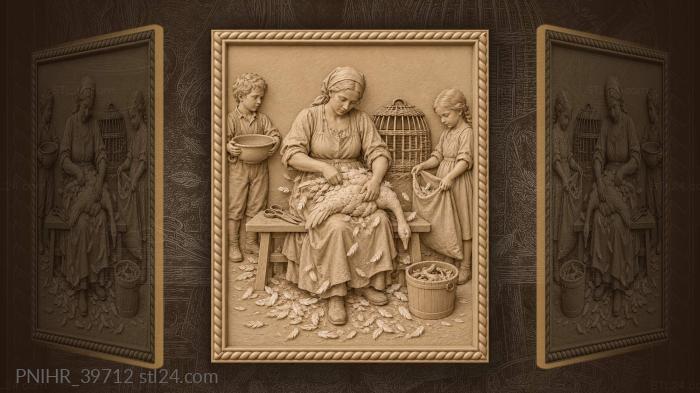 Goose plucking scene with children helping 3d STL model