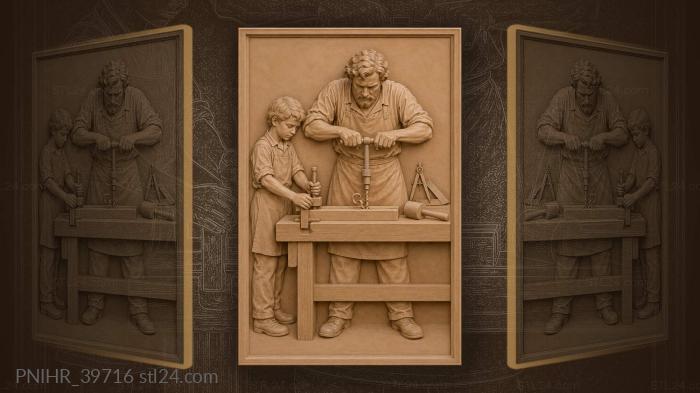 Apprentice braces clamp as father bores plank 3d STL model