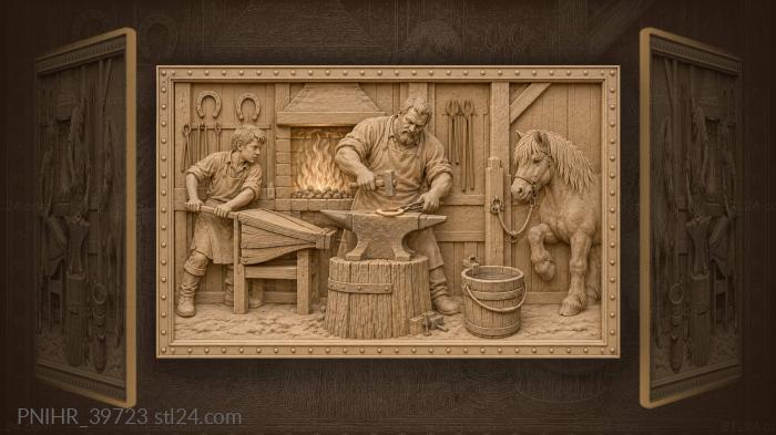 Pony waits as blacksmith curls hot horseshoe 3d STL model