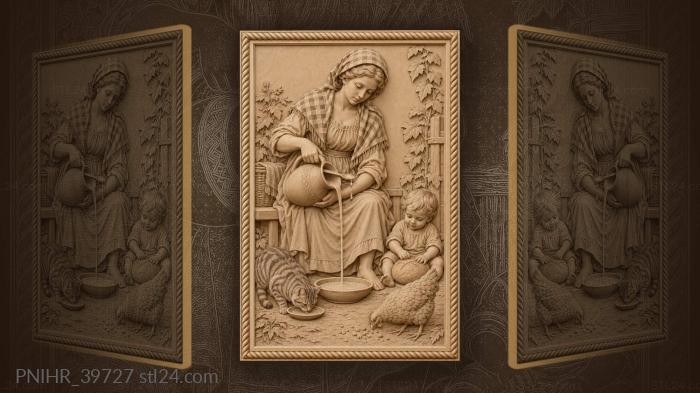 Toddler pats bread as milkmaid pours milk 3d STL model