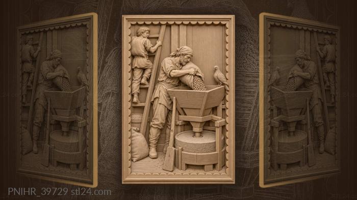 Miller pouring grain with assistant pigeon 3d STL model
