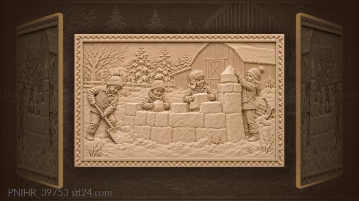 Boy shovels snow beside broken sled 3d STL model