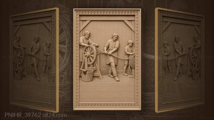 Ropemaker twists strands as boy coils rope 3d STL model