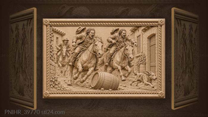Riders charge while a dog darts across 3d STL model