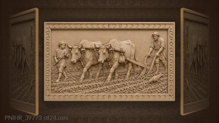 Boy prods ox beside plowman 3d STL model