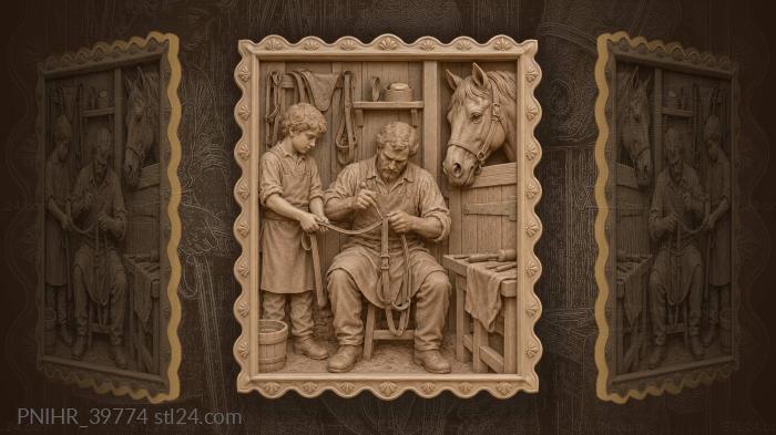 Saddler stitching a bridle watched by horse 3d STL model