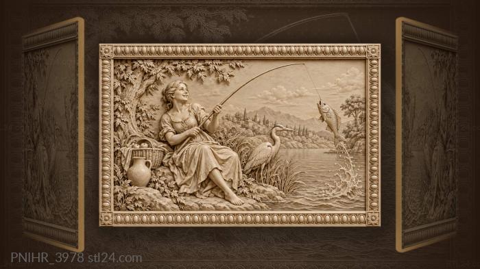 Angler reels a leaping fish past heron 3d STL model