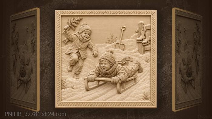 Boy sleds downhill beside running friend 3d STL model
