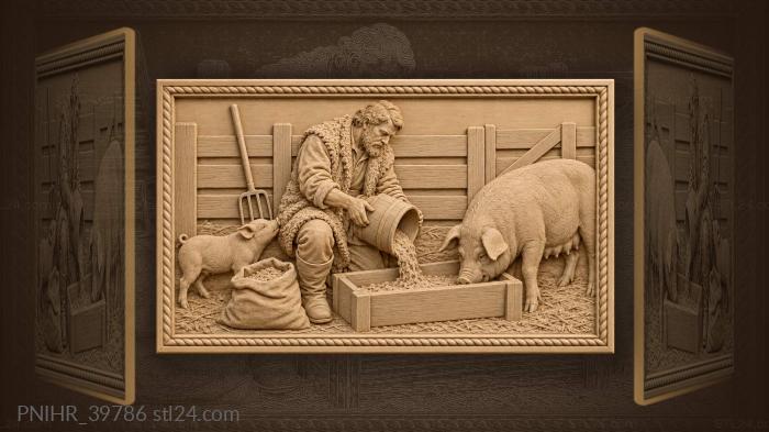Piglet nudges herdsman beside trough 3d STL model