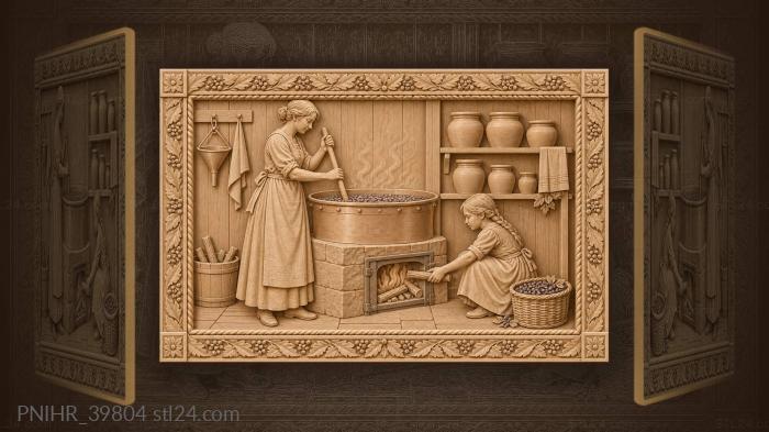 Mother stirs jam while daughter adds firewood 3d STL model