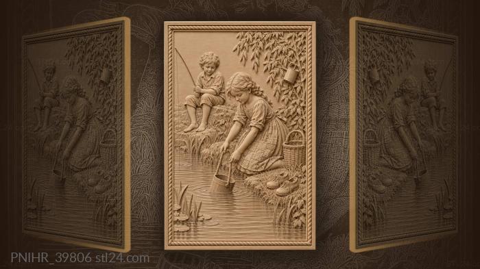 By the pond girl fills her bucket 3d STL model