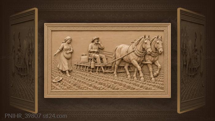 Horses plowing and sowing field 3d STL model