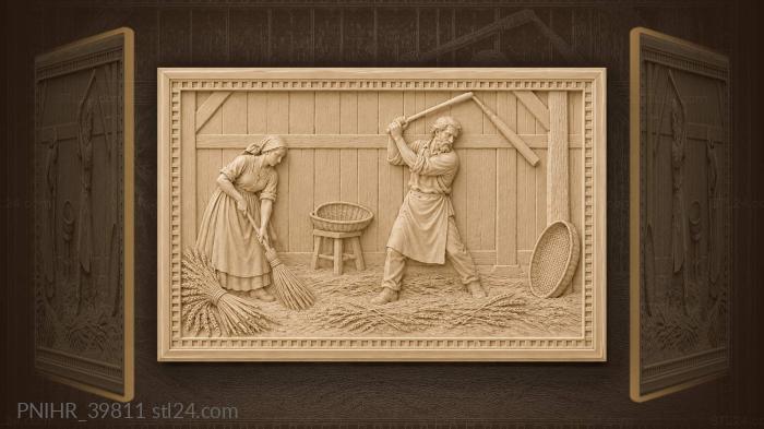 Woman sweeps grain as thresher works 3d STL model
