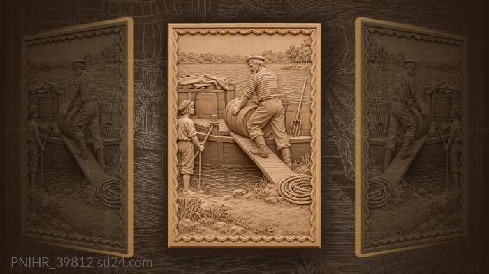 Boy holds rope while sailor loads barrels 3d STL model