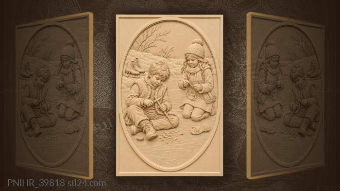 Girl readies string as boy carves stick 3d STL model