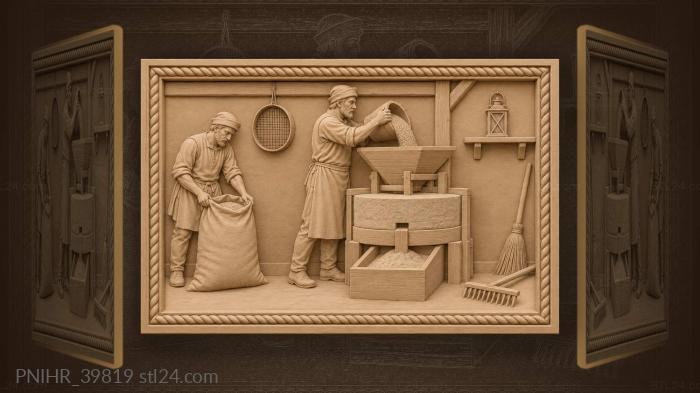 Apprentice opens sack as miller fills hopper 3d STL model