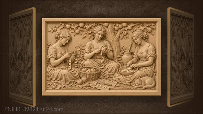 One woman slices apples another strings peels 3d STL model