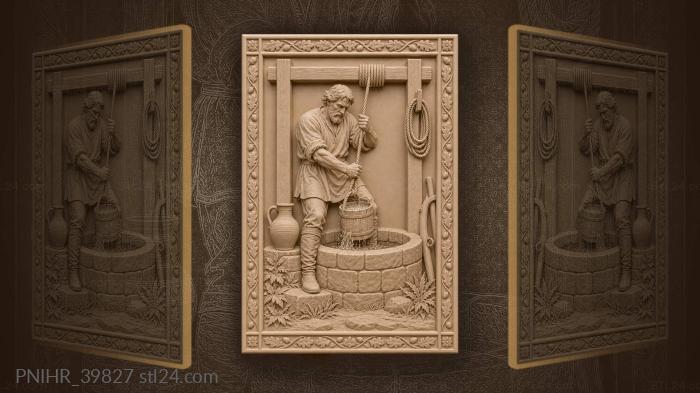 Bearded farmer hoists bucket beside jug 3d STL model