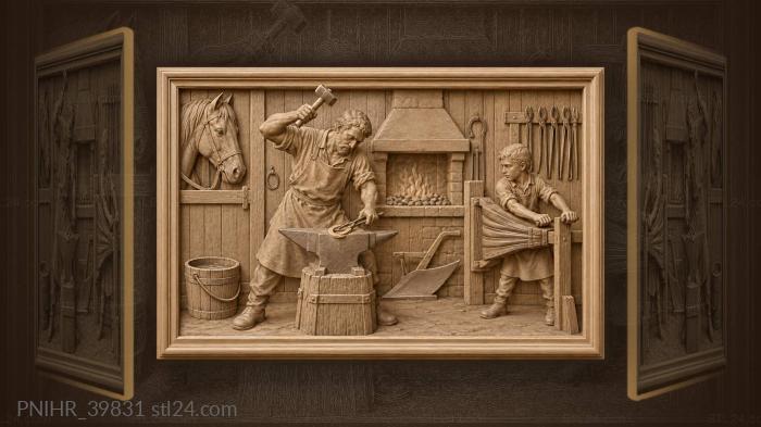 Blacksmith forges horseshoe beside apprentice 3d STL model