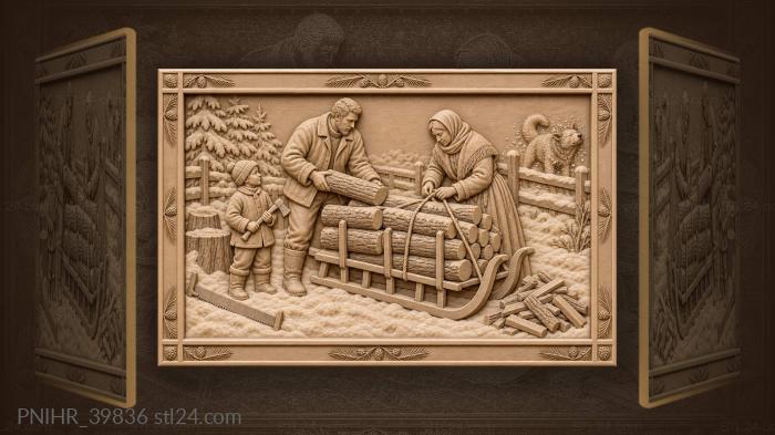 Mother ties logs onto sleigh 3d STL model