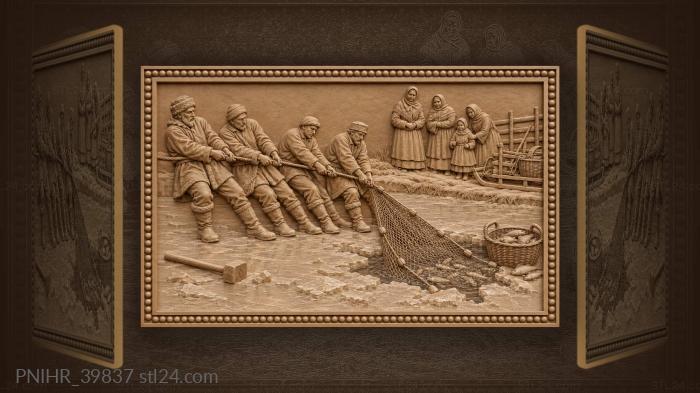 Crew drags the seine while women watch 3d STL model