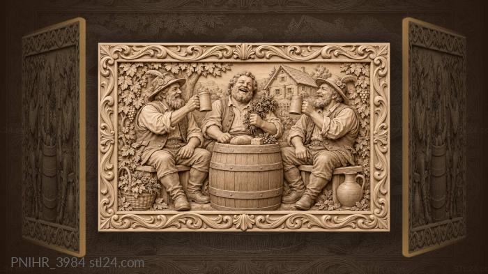 Three men toasting around a barrel 3d STL model