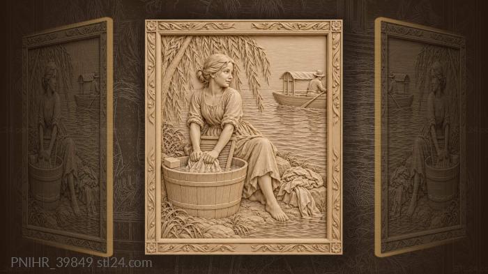 Girl washes linen in a tub 3d STL model