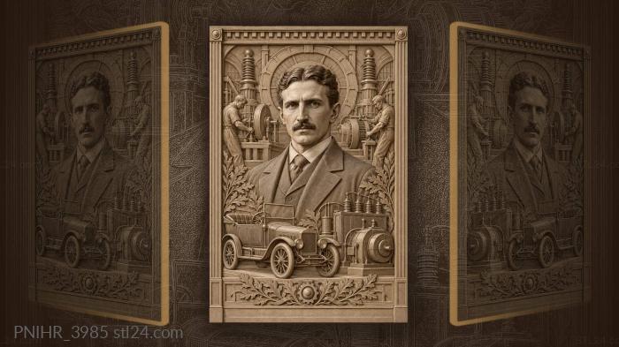 Mustached industrialist oversees machines and workers · Nikola Tesla 3d STL model