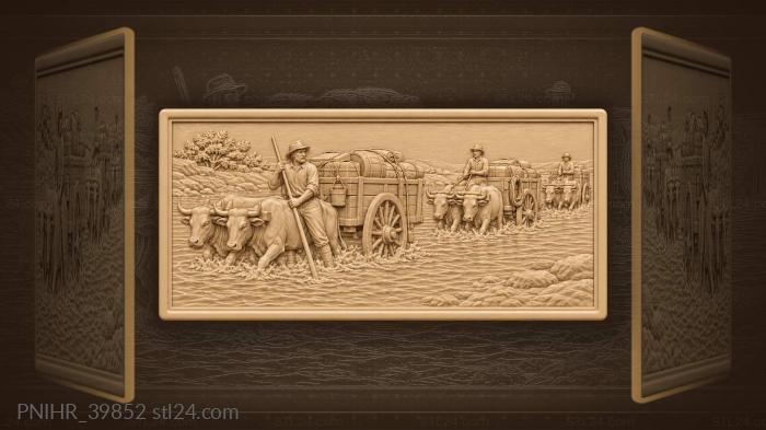 Oxen pull wagons through water 3d STL model
