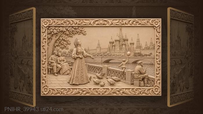 Woman feeding ducks near saint basil domes 3d STL model