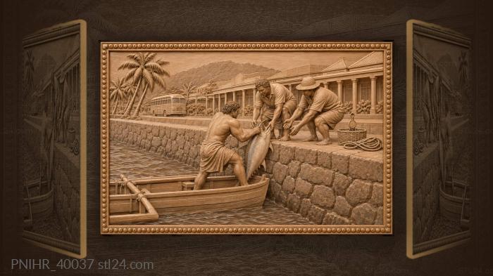 Dockhands lift the catch onto beach road 3d STL model