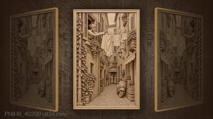 Laundress pegs washing between roman houses 3d STL model