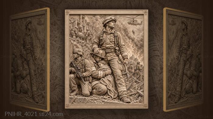 Rescuer shields firefighter amid flames 3d STL model
