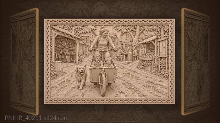 Woman pedalling past self built houses 3d STL model