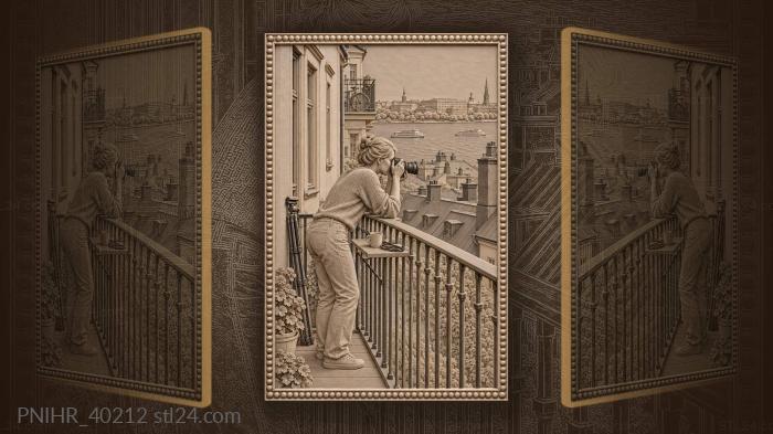 Woman adjusts camera above city roofs 3d STL model