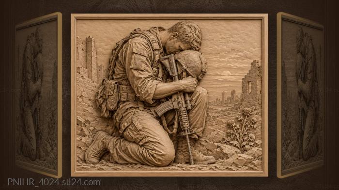 Weary soldier with helmet and rifle 3d STL model