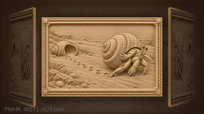 Crab dragging a house past an empty shell 3d STL model