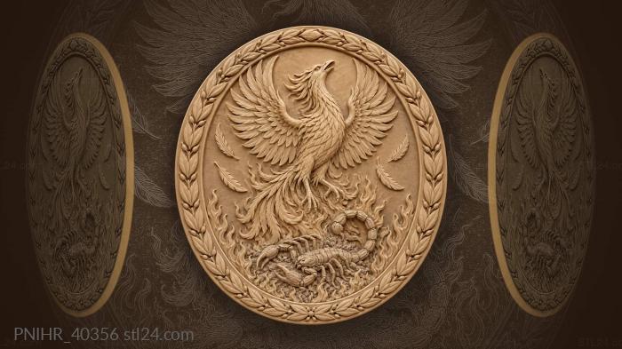 Reborn phoenix scatters feathers over sinking scorpion 3d STL model